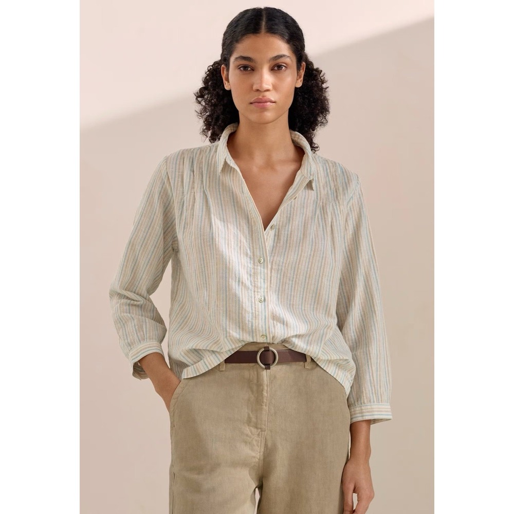 Poetry Button Down Stripe Shirt Womens US 6 Cotton Linen Lagenlook Boho Beach